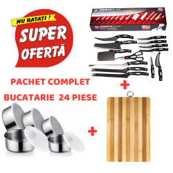 Set 13 cutite profesionale pentru bucatarie + Set vase inox 10 piese + Tocator bambus