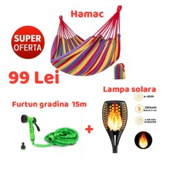 Set Gradina Hamac Multicolor + Lampa Solara + Cadou - Furtun Extensibil 