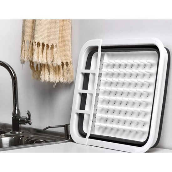 Uscator pliabil pentru vase si tacamuri cu picurator, din silicon, 36x30.5cm, gri