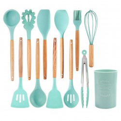 SET 13 USTENSILE DE BUCATARIE, ANTIADERENTE, SILICON, MANER DIN LEMN 