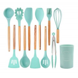 SET 13 USTENSILE DE BUCATARIE, ANTIADERENTE, SILICON, MANER DIN LEMN 