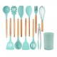 SET USTENSILE DE BUCATARIE, ANTIADERENTE, SILICON, MANER DIN LEMN