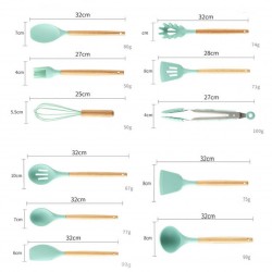 SET 13 USTENSILE DE BUCATARIE, ANTIADERENTE, SILICON, MANER DIN LEMN 
