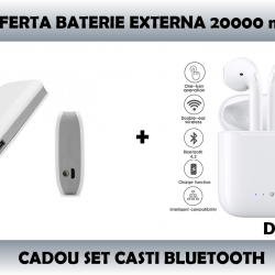 Set Baterie externa Power bank 20000 mAh+Cadou Casti in-ear tip Earpods cu Microfon si Telecomanda pentru Iphone, Ipad, Ipod, Android