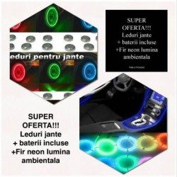 Pachet 4 Leduri jante + Fir cu neon pentru lumina ambientala: rosu, albastru sau galben